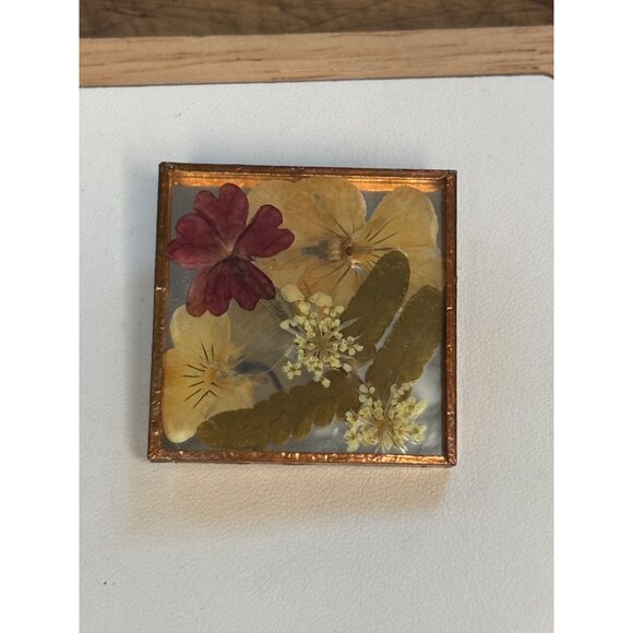 Pressed Flower Brooch Square Copper Frame Signed Tobin - Picture 4 of 9